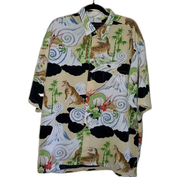 Vintage Y2K Phat Farm Shirt Tan Button Up All Over Print Tiger Dragon Mens XL - Picture 2 of 13